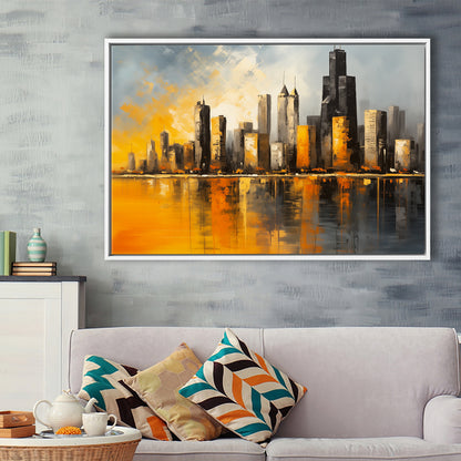 Chicago Skyline Acrylic Painting Mixed Color V1, Framed Canvas Painting, Framed Canvas Prints Wall Art Decor