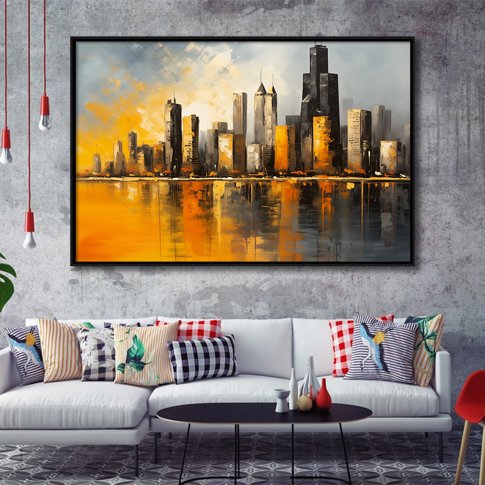 Chicago Skyline Acrylic Painting Mixed Color V1, Framed Canvas Painting, Framed Canvas Prints Wall Art Decor