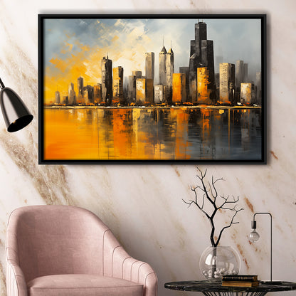 Chicago Skyline Acrylic Painting Mixed Color V1, Framed Canvas Painting, Framed Canvas Prints Wall Art Decor