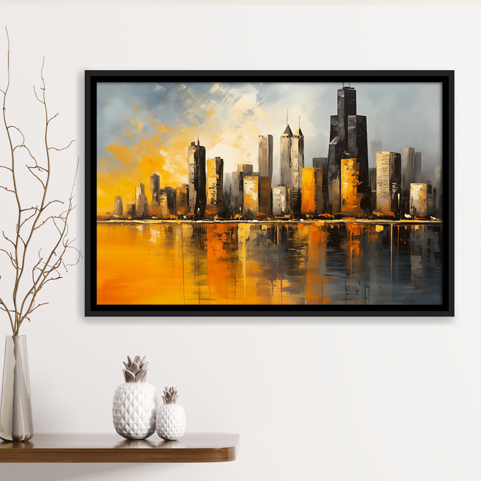 Chicago Skyline Acrylic Painting Mixed Color V1, Framed Canvas Painting, Framed Canvas Prints Wall Art Decor
