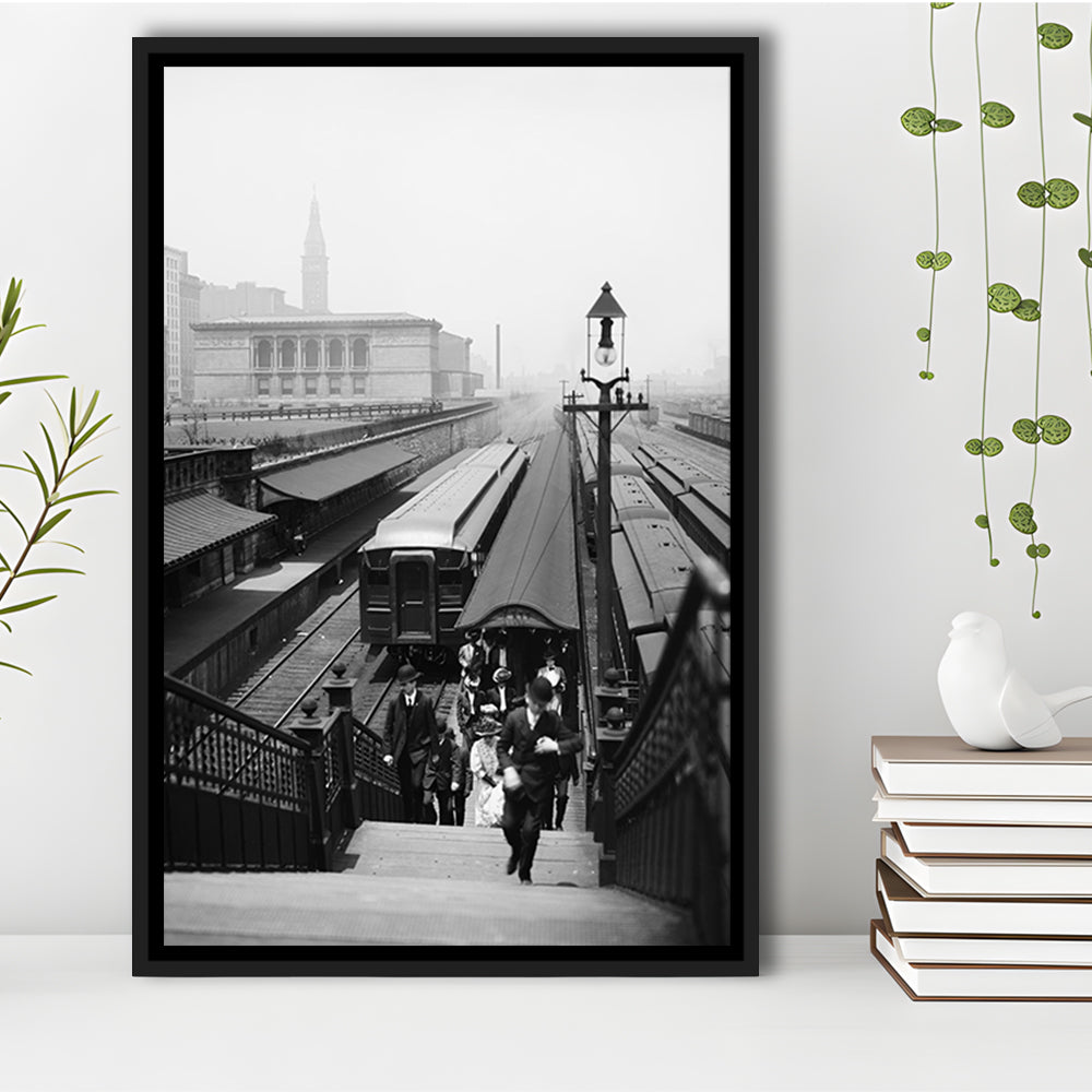 Chicago Union Station City Wall Art Black and White Art, Floating Framed Canvas Print