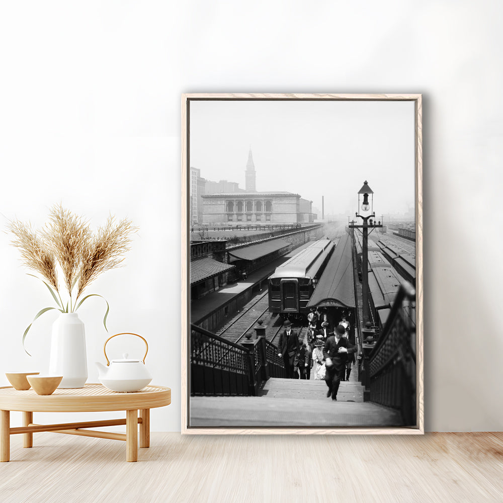 Chicago Union Station City Wall Art Black and White Art, Floating Framed Canvas Print