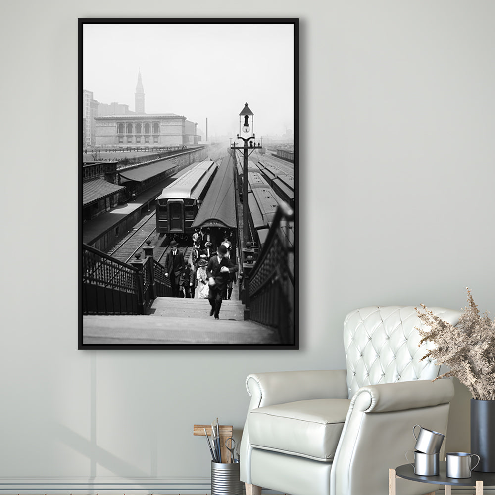 Chicago Union Station City Wall Art Black and White Art, Floating Framed Canvas Print