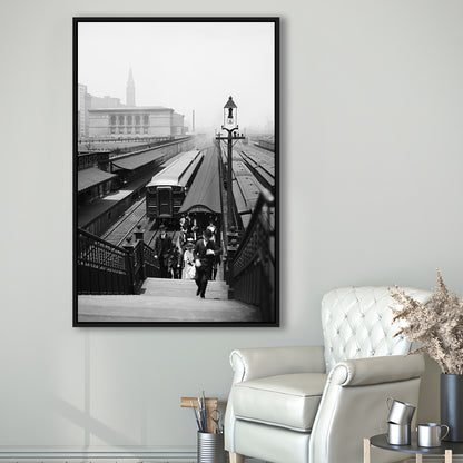 Chicago Union Station City Wall Art Black and White Art, Floating Framed Canvas Print