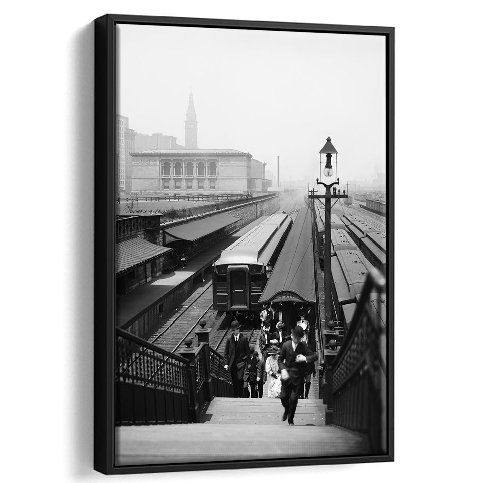 Chicago Union Station City Wall Art Black and White Art, Floating Framed Canvas Print