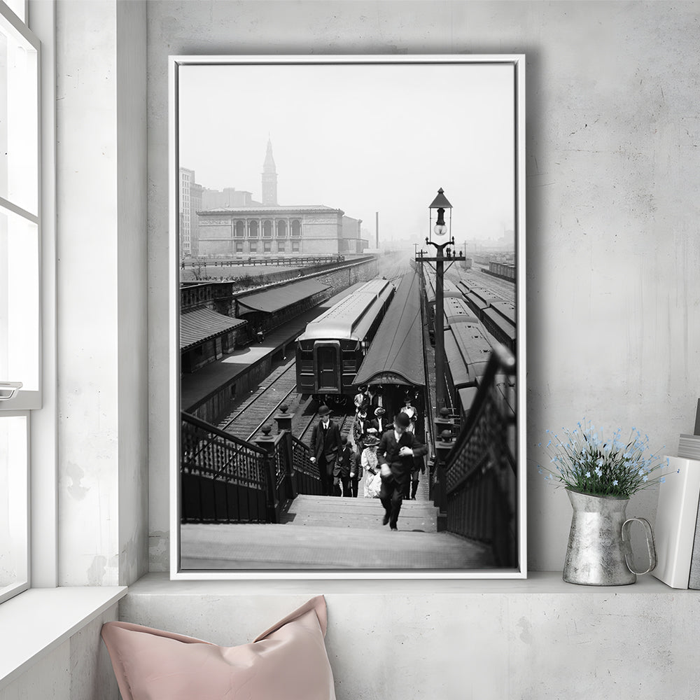 Chicago Union Station City Wall Art Black and White Art, Floating Framed Canvas Print