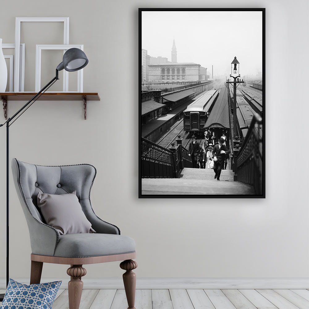 Chicago Union Station City Wall Art Black and White Art, Floating Framed Canvas Print