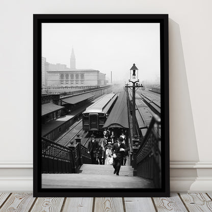 Chicago Union Station City Wall Art Black and White Art, Floating Framed Canvas Print