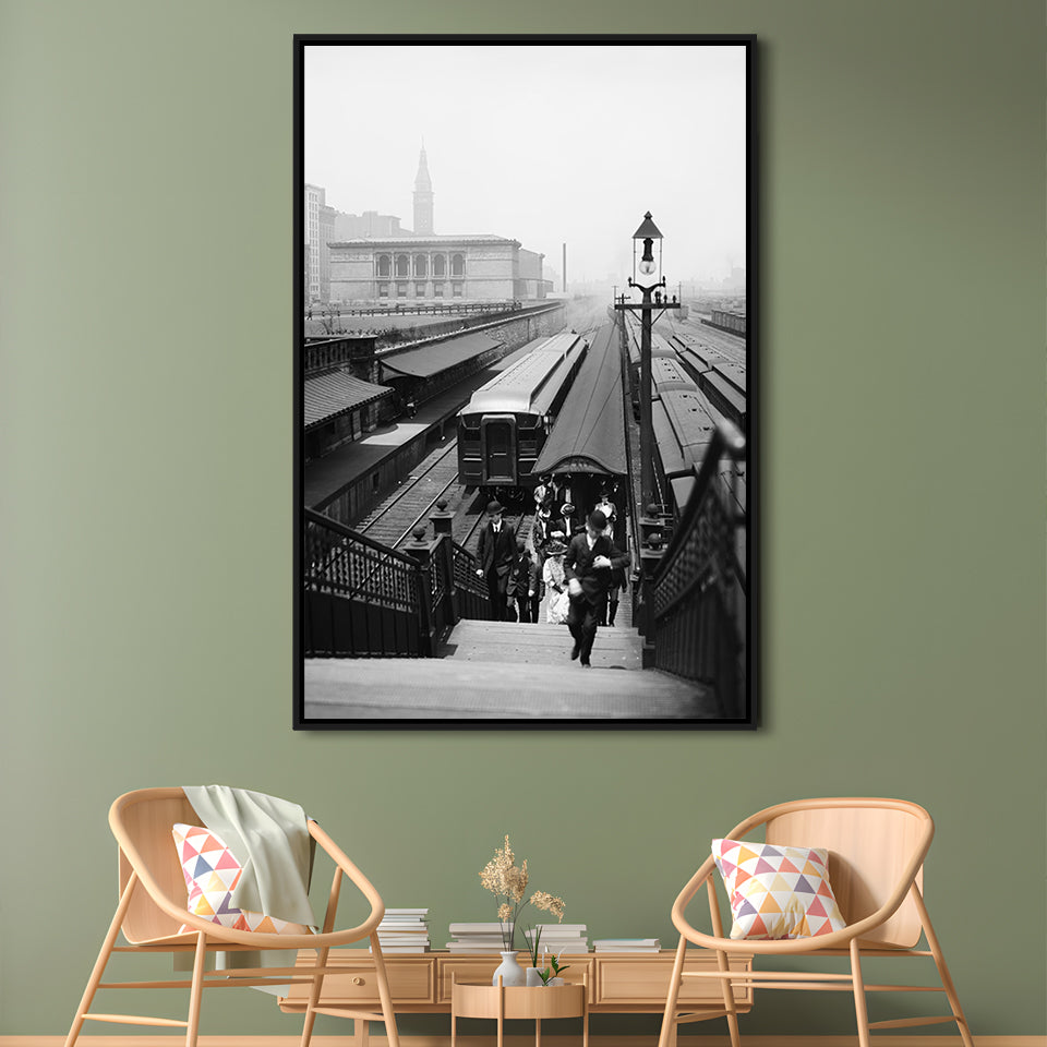 Chicago Union Station City Wall Art Black and White Art, Floating Framed Canvas Print