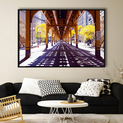 Chicago Wall Art,City Photography,Street Under The Bridge,Large Canvas Print, Framed Cavas Print, Floating Frame
