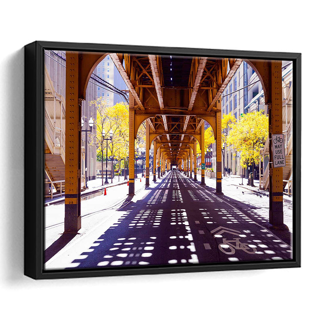 Chicago Wall Art,City Photography,Street Under The Bridge,Large Canvas Print, Framed Cavas Print, Floating Frame