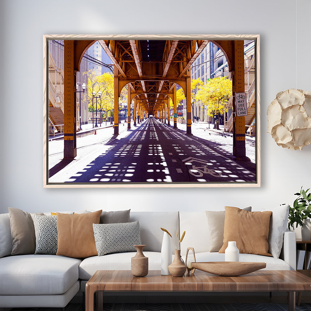 Chicago Wall Art,City Photography,Street Under The Bridge,Large Canvas Print, Framed Cavas Print, Floating Frame
