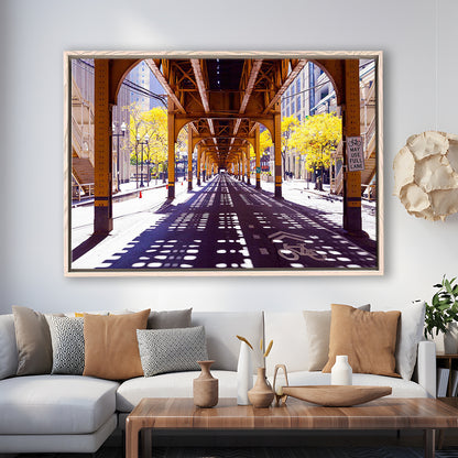 Chicago Wall Art,City Photography,Street Under The Bridge,Large Canvas Print, Framed Cavas Print, Floating Frame