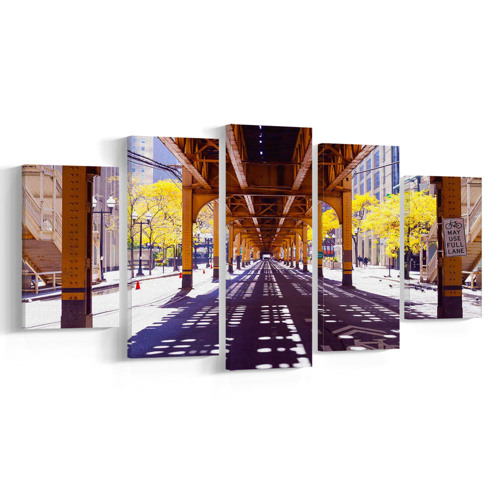 Chicago Wall Art,City Photography,Street Under the Bridge,Large Canvas Print, 5 Piece Large Cavas Print Wall Art