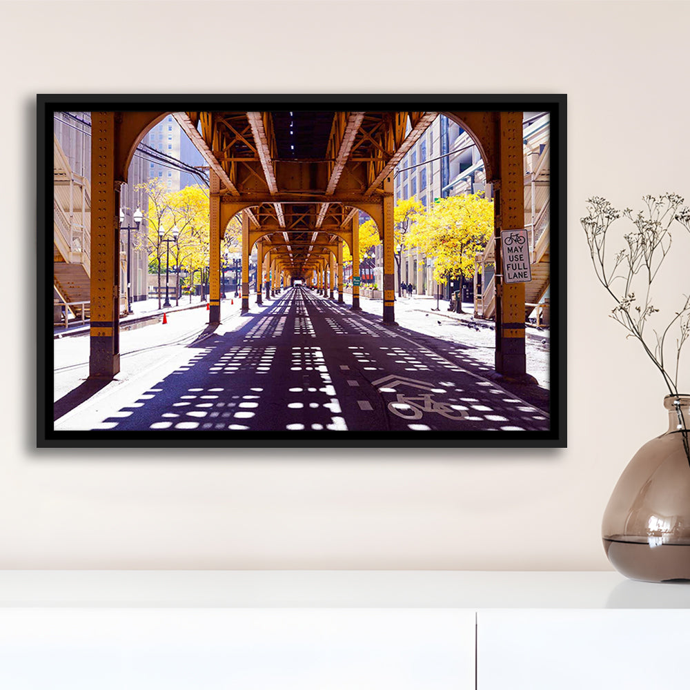 Chicago Wall Art,City Photography,Street Under The Bridge,Large Canvas Print, Framed Cavas Print, Floating Frame