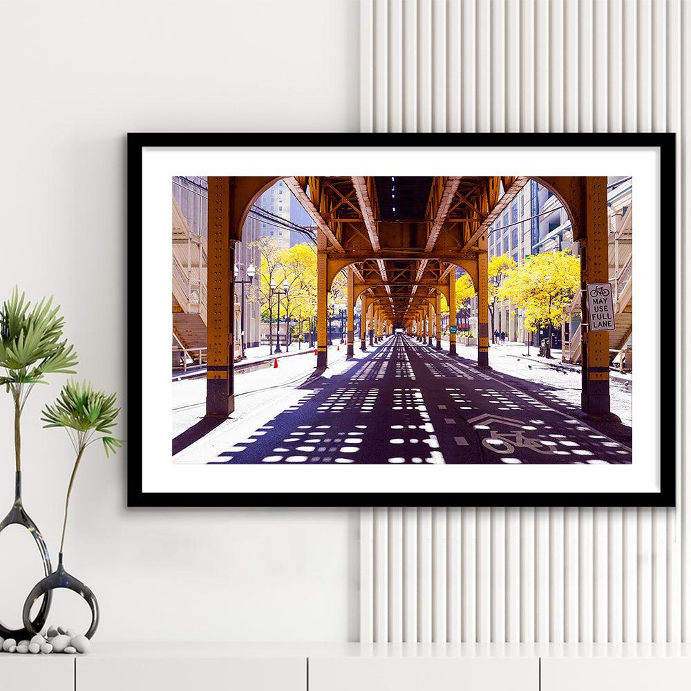 Chicago Wall Art,City Photography,Street Under The Bridge,Large Art Print, Framed Art Print White Border