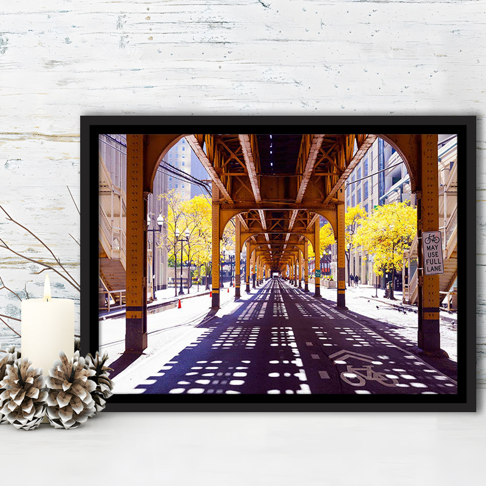 Chicago Wall Art,City Photography,Street Under The Bridge,Large Canvas Print, Framed Cavas Print, Floating Frame