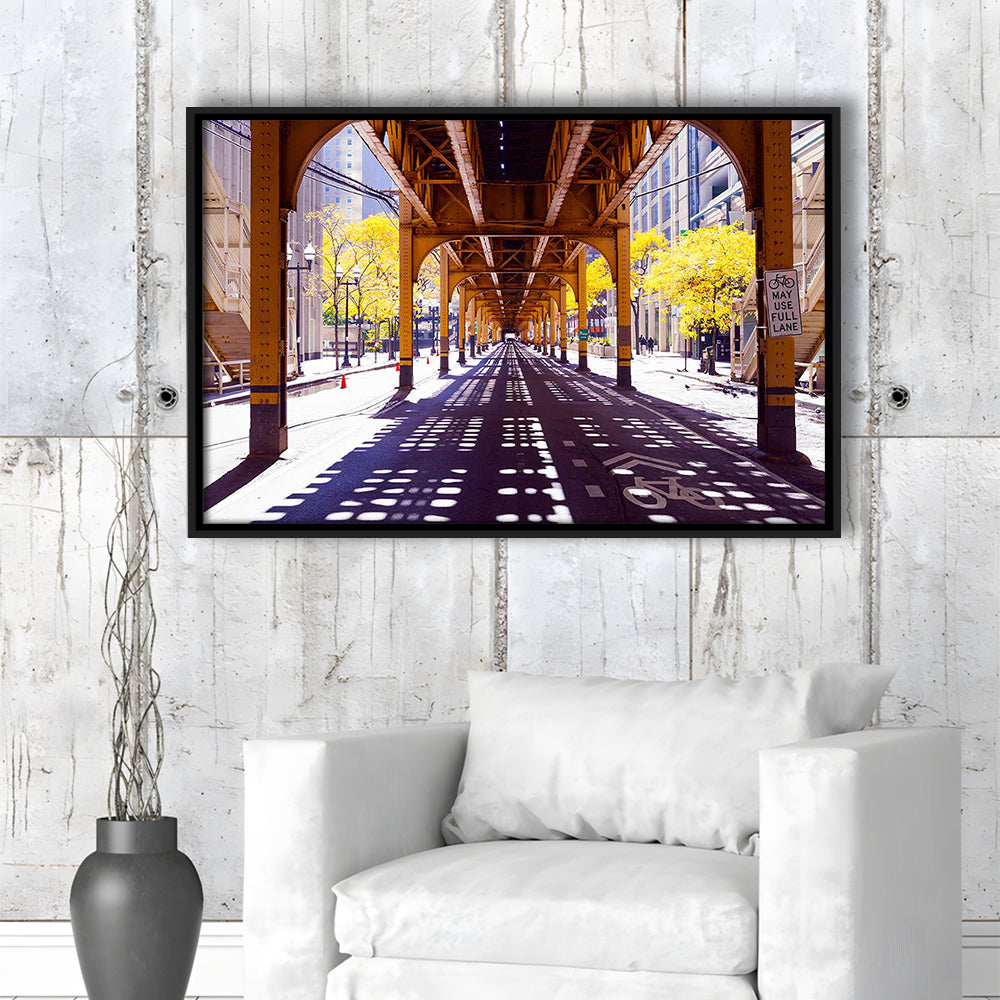 Chicago Wall Art,City Photography,Street Under The Bridge,Large Canvas Print, Framed Cavas Print, Floating Frame