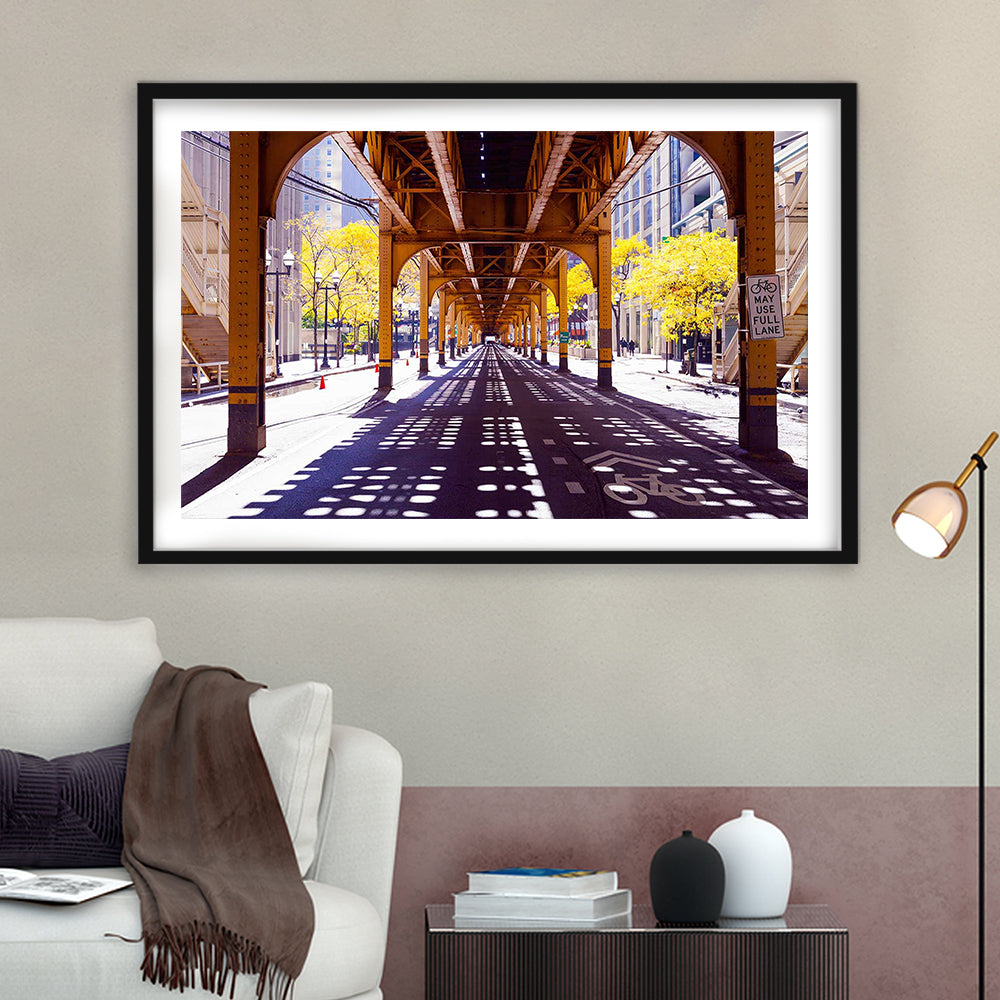 Chicago Wall Art,City Photography,Street Under The Bridge,Large Art Print, Framed Art Print White Border