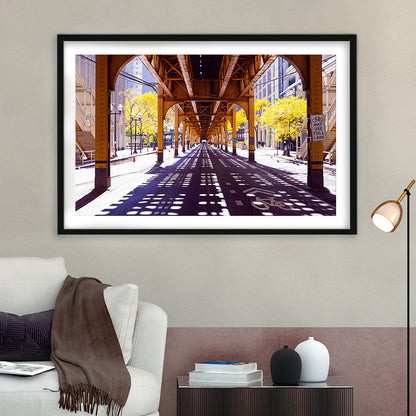 Chicago Wall Art,City Photography,Street Under The Bridge,Large Art Print, Framed Art Print White Border