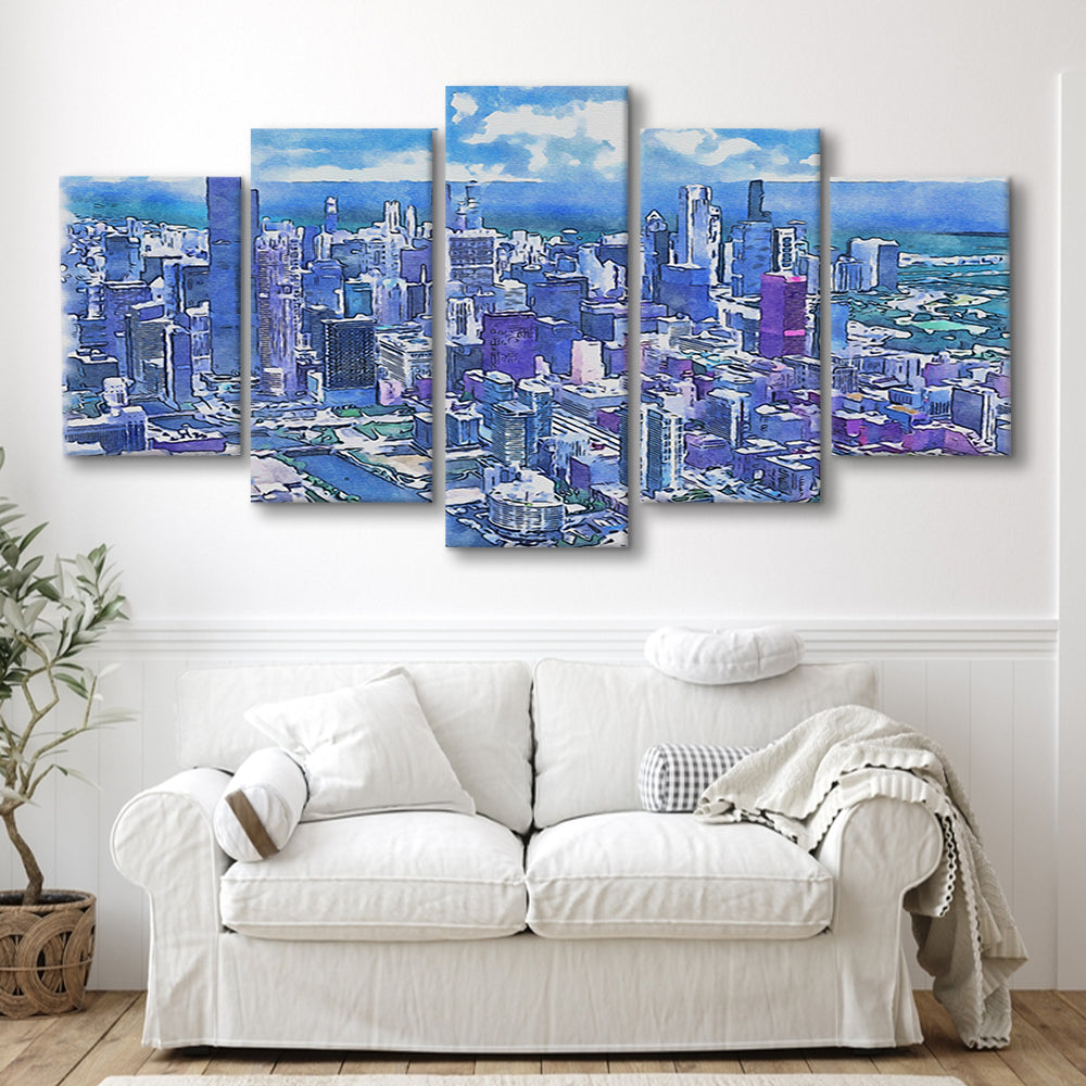 Chicago Watercolor Painting Canvas, Chicago Illinois, Sport Art, Mixed 5 Panel, Canvas Print Wall Art