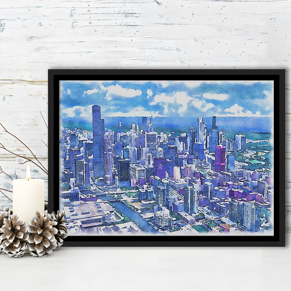 Chicago Watercolor Painting Canvas, Chicago Illinois, Sport Gift Art, Framed Canvas Print Wall Art