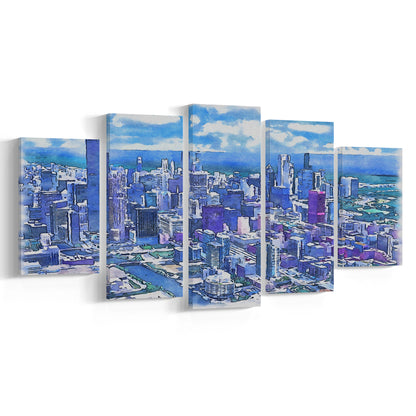 Chicago Watercolor Painting Canvas, Chicago Illinois, Sport Art, Mixed 5 Panel, Canvas Print Wall Art
