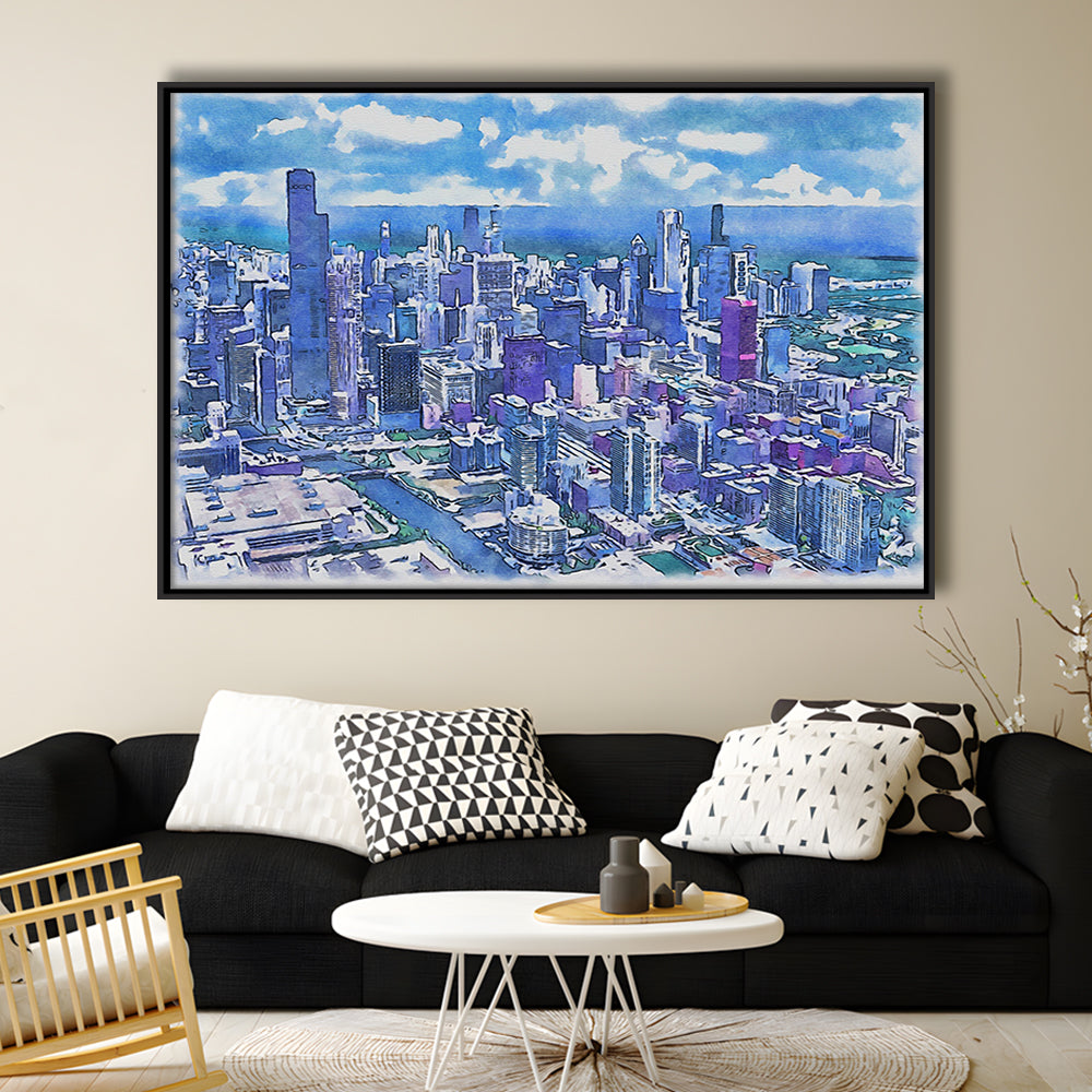 Chicago Watercolor Painting Canvas, Chicago Illinois, Sport Gift Art, Framed Canvas Print Wall Art