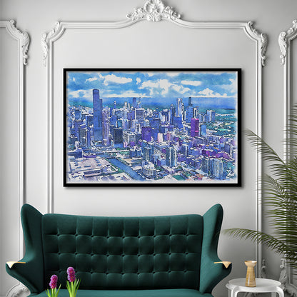 Chicago Watercolor Painting Canvas, Chicago Illinois, Sport Gift Art, Framed Art Print Wall Decor