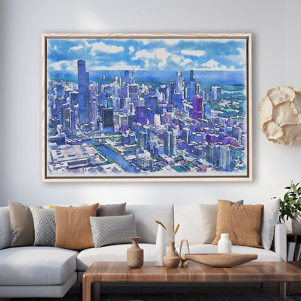 Chicago Watercolor Painting Canvas, Chicago Illinois, Sport Gift Art, Framed Canvas Print Wall Art