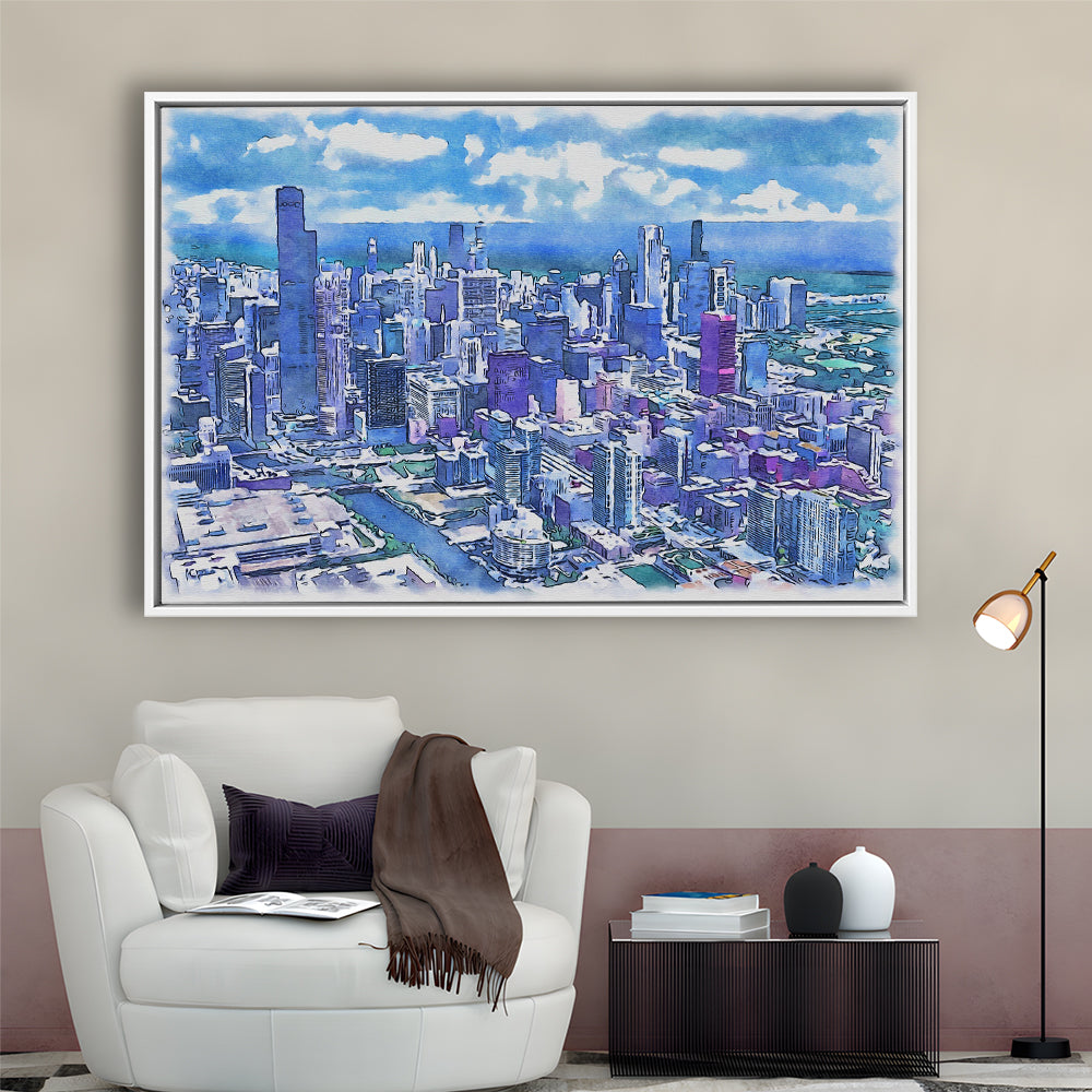 Chicago Watercolor Painting Canvas, Chicago Illinois, Sport Gift Art, Framed Canvas Print Wall Art