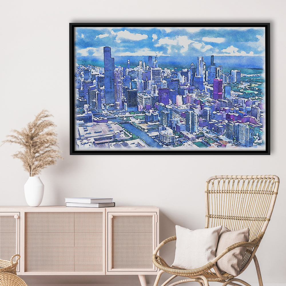 Chicago Watercolor Painting Canvas, Chicago Illinois, Sport Gift Art, Framed Canvas Print Wall Art