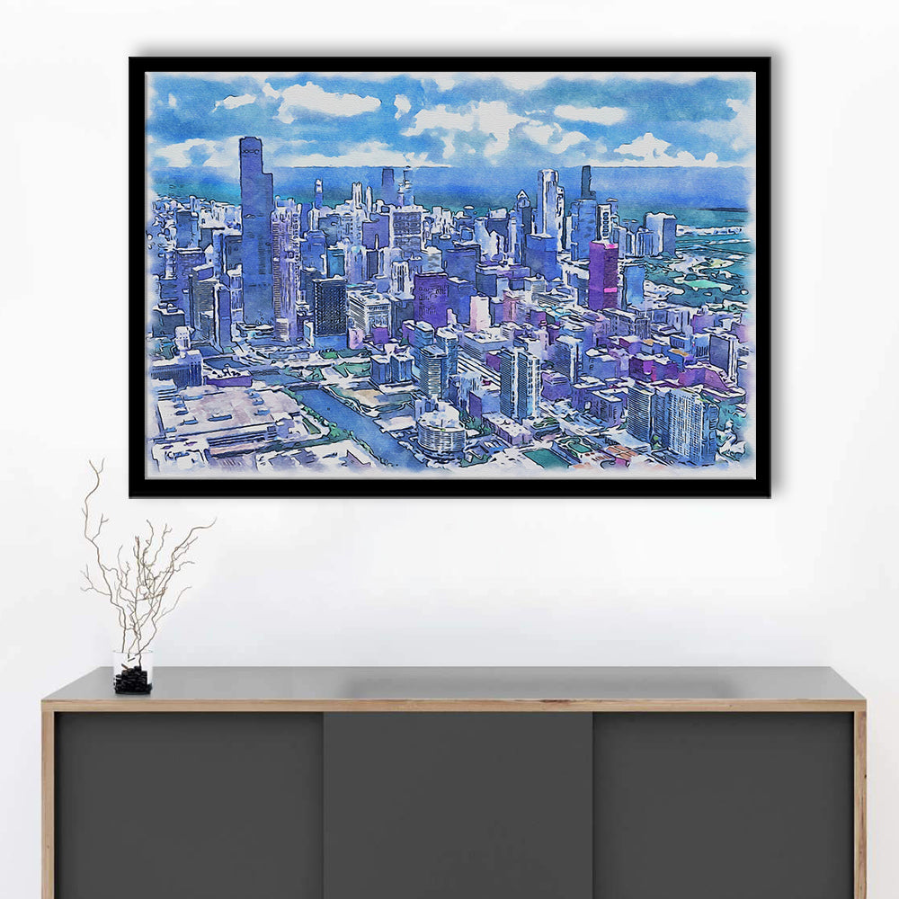 Chicago Watercolor Painting Canvas, Chicago Illinois, Sport Gift Art, Framed Art Print Wall Decor