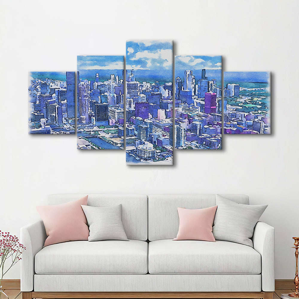 Chicago Watercolor Painting Canvas, Chicago Illinois, Sport Art, Mixed 5 Panel, Canvas Print Wall Art