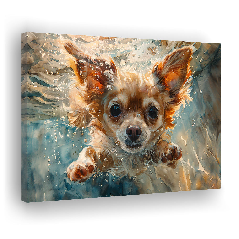 Chihuahua Funny Dog Swimming Underwater Watercolor, Funny Pet Art, Canvas Print Wall Art Home Decor
