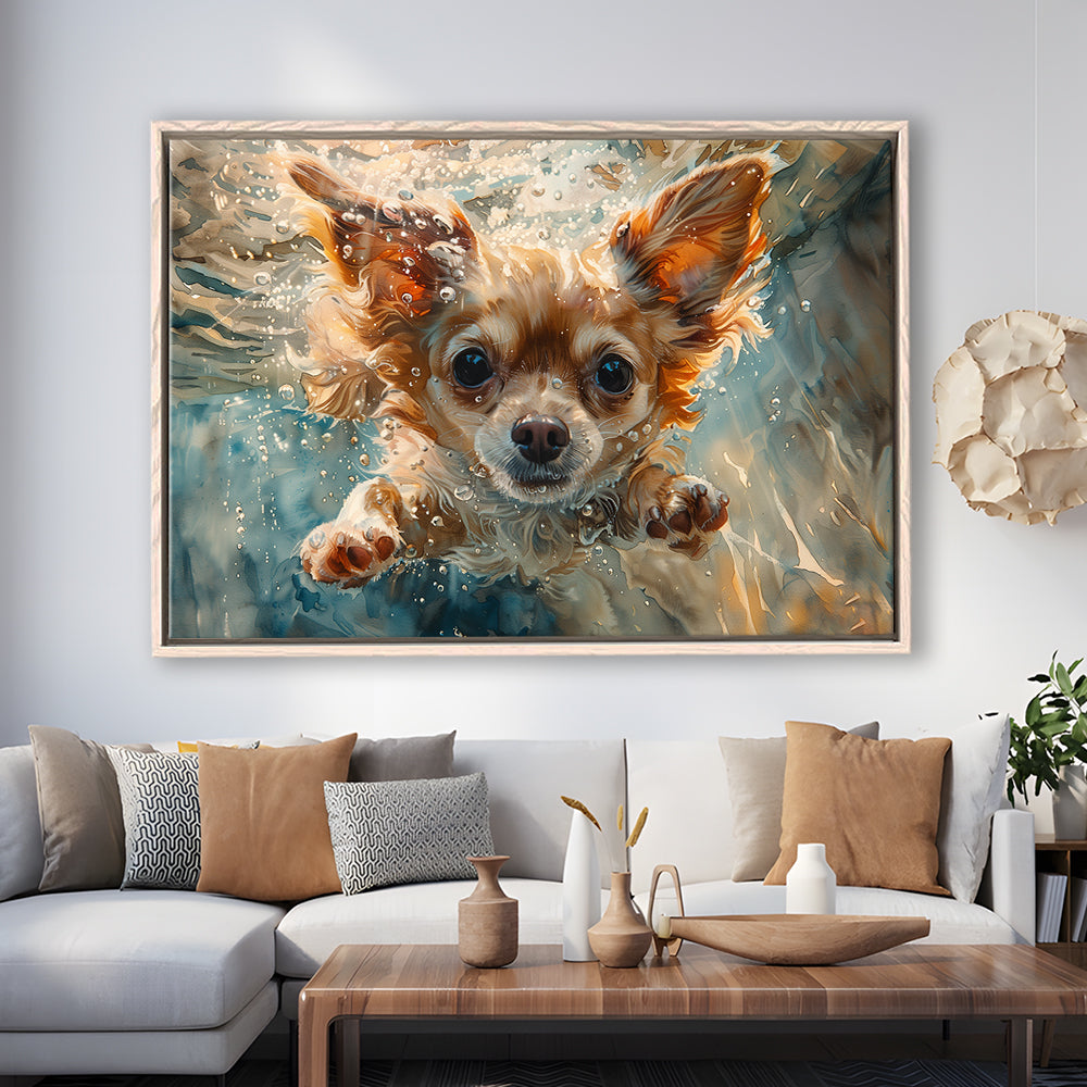 Chihuahua Funny Dog Swimming Underwater Watercolor, Funny Pet Art, Floating Framed Canvas Print Wall Art