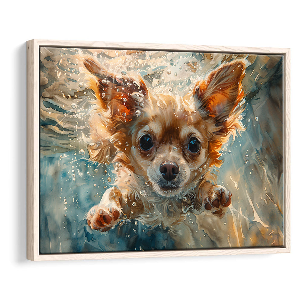 Chihuahua Funny Dog Swimming Underwater Watercolor, Funny Pet Art, Floating Framed Canvas Print Wall Art