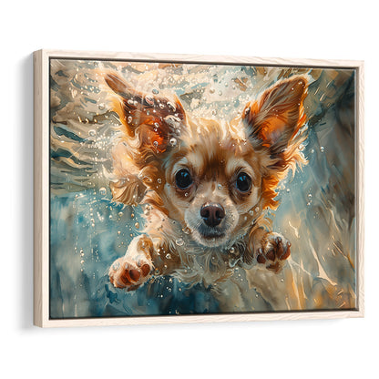 Chihuahua Funny Dog Swimming Underwater Watercolor, Funny Pet Art, Floating Framed Canvas Print Wall Art