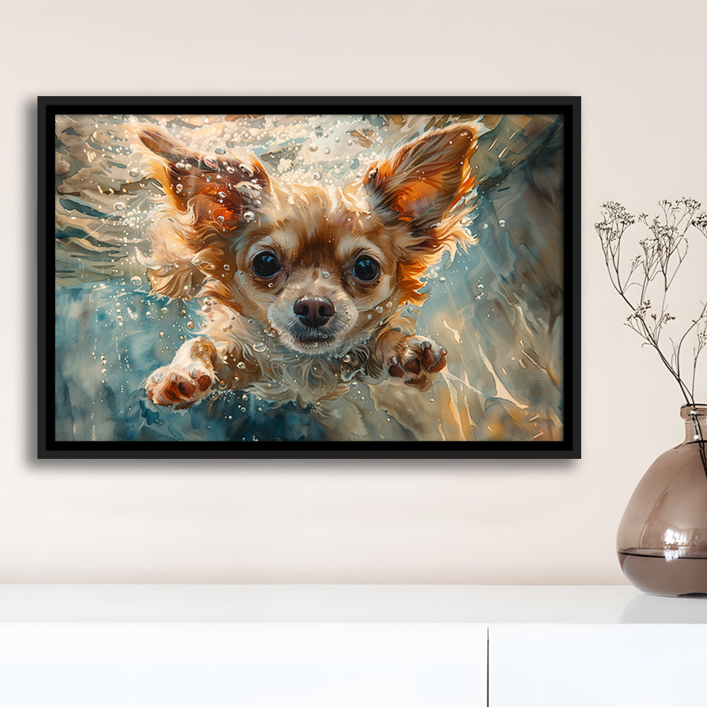 Chihuahua Funny Dog Swimming Underwater Watercolor, Funny Pet Art, Floating Framed Canvas Print Wall Art