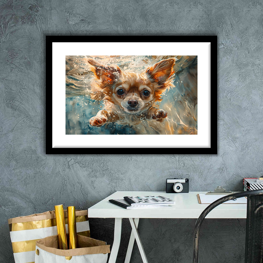 Chihuahua Funny Dog Swimming Underwater Watercolor, Funny Pet Art, Framed Art Print White Border Wall Decor