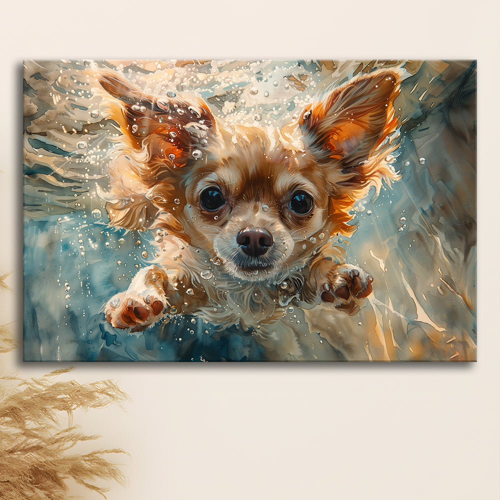 Chihuahua Funny Dog Swimming Underwater Watercolor, Funny Pet Art, Canvas Print Wall Art Home Decor