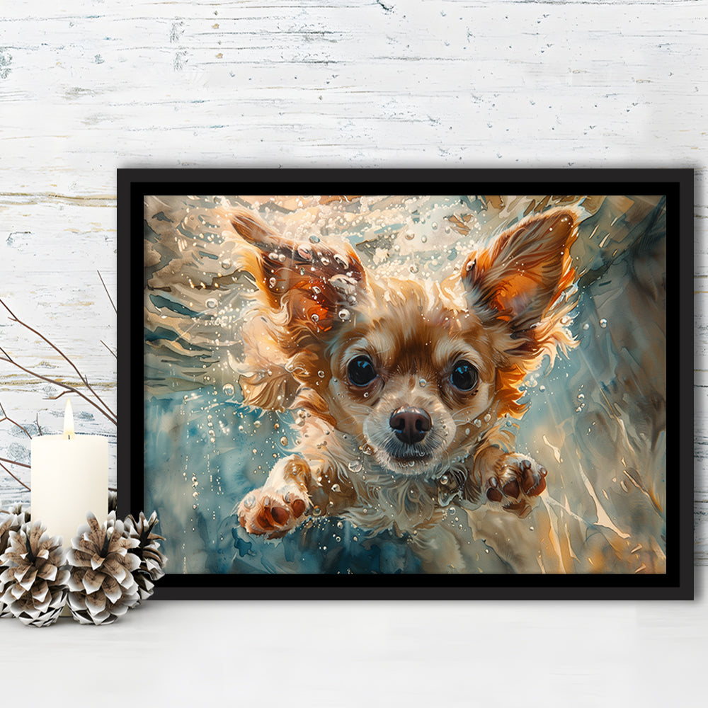 Chihuahua Funny Dog Swimming Underwater Watercolor, Funny Pet Art, Floating Framed Canvas Print Wall Art