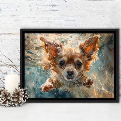 Chihuahua Funny Dog Swimming Underwater Watercolor, Funny Pet Art, Floating Framed Canvas Print Wall Art