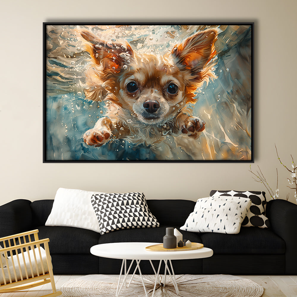 Chihuahua Funny Dog Swimming Underwater Watercolor, Funny Pet Art, Floating Framed Canvas Print Wall Art