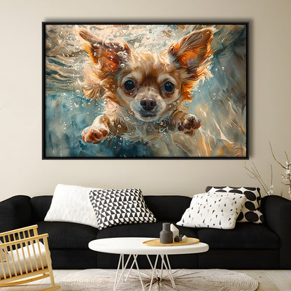 Chihuahua Funny Dog Swimming Underwater Watercolor, Funny Pet Art, Floating Framed Canvas Print Wall Art