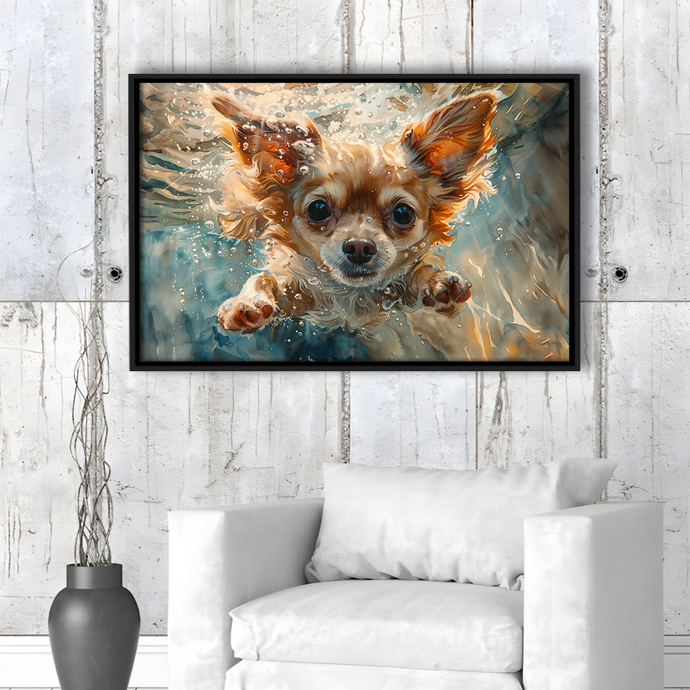 Chihuahua Funny Dog Swimming Underwater Watercolor, Funny Pet Art, Floating Framed Canvas Print Wall Art