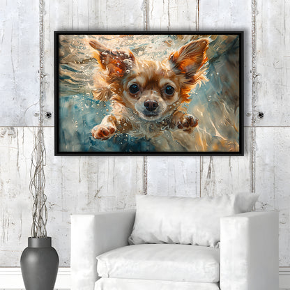 Chihuahua Funny Dog Swimming Underwater Watercolor, Funny Pet Art, Floating Framed Canvas Print Wall Art