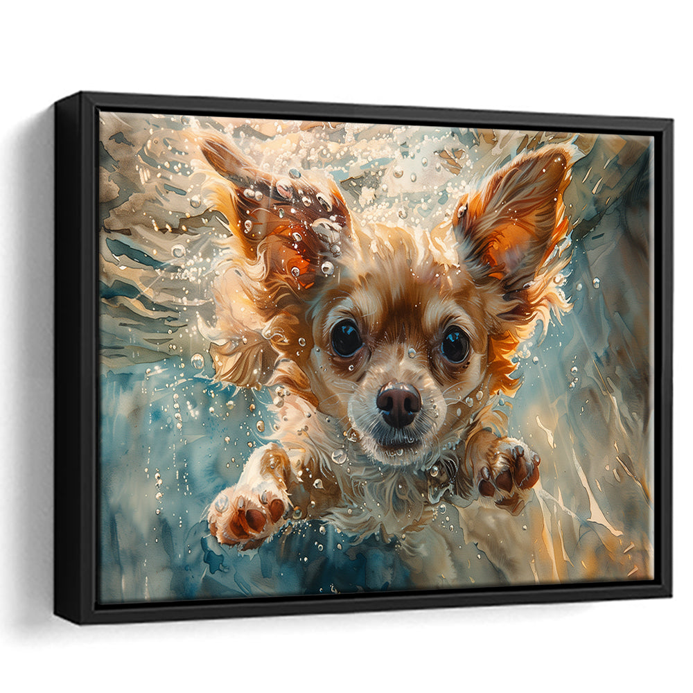 Chihuahua Funny Dog Swimming Underwater Watercolor, Funny Pet Art, Floating Framed Canvas Print Wall Art