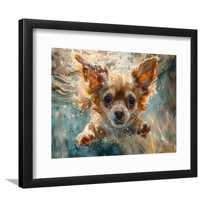 Chihuahua Funny Dog Swimming Underwater Watercolor, Funny Pet Art, Framed Art Print White Border Wall Decor