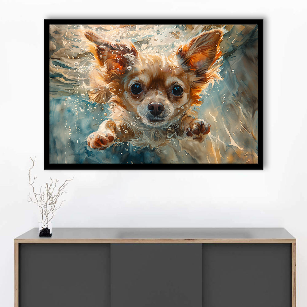 Chihuahua Funny Dog Swimming Underwater Watercolor, Funny Pet Art, Framed Art Print Wall Decor, Framed Picture